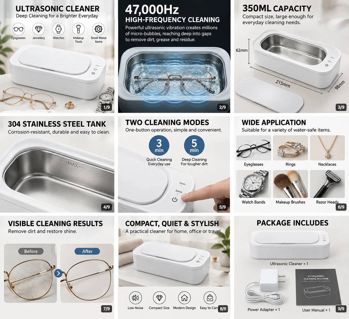 47KHz Ultrasonic Cleaner 350ml Jewellery Glasses Watch Stainless Steel Tank