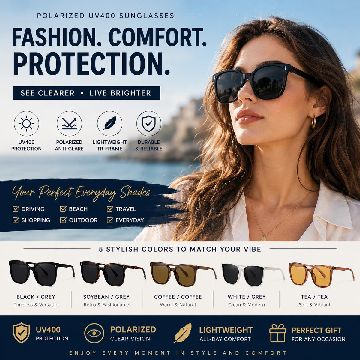 Women Stylish Outdoor Polarized Square Sunglasses UV400 Lightweight & Anti-Glare