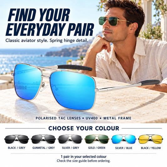 Men Polarised Aviator Sunglasses Spring Hinge UV400 Driving Fishing Metal Frame