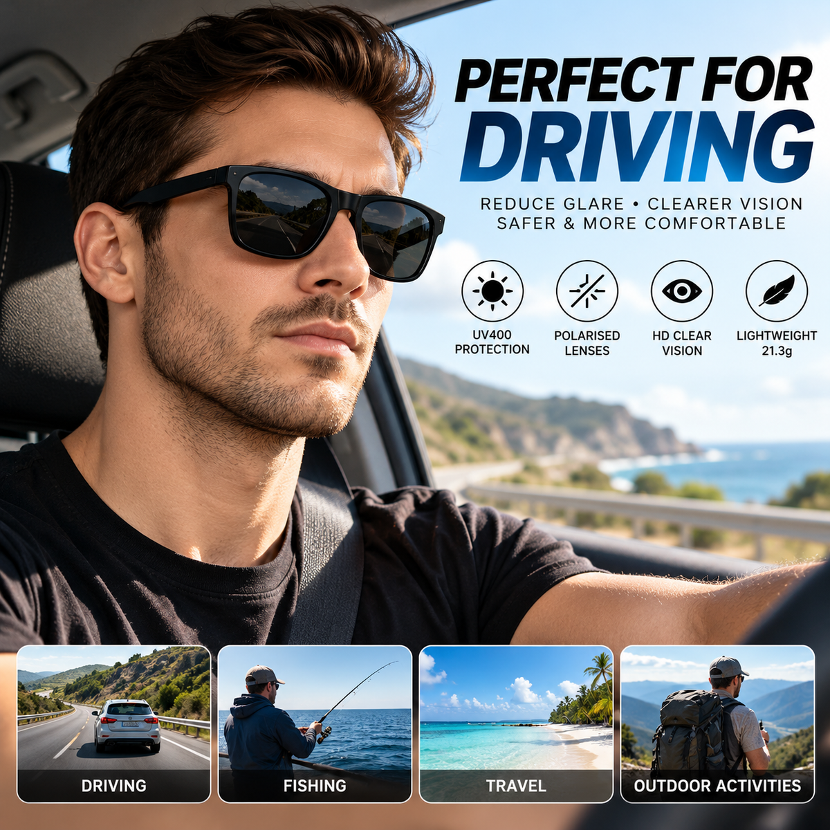Mens Womens Polarised Sunglasses UV400 Classic Square Frame Outdoor Driving #0717