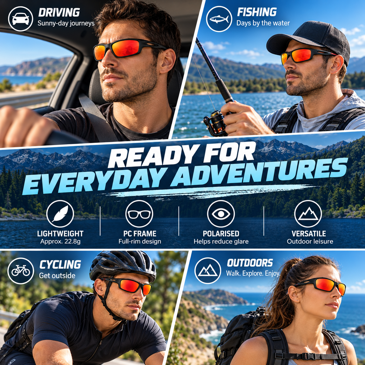 Men's Polarised Sports Sunglasses TR90 UV400 Wrap Around Cycling Running Driving