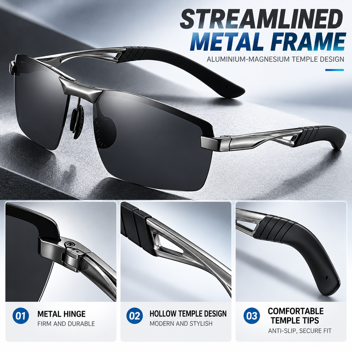 Mens Polarized Sunglasses Semi Rimless Metal Frame UV400 Driving Sports Glasses