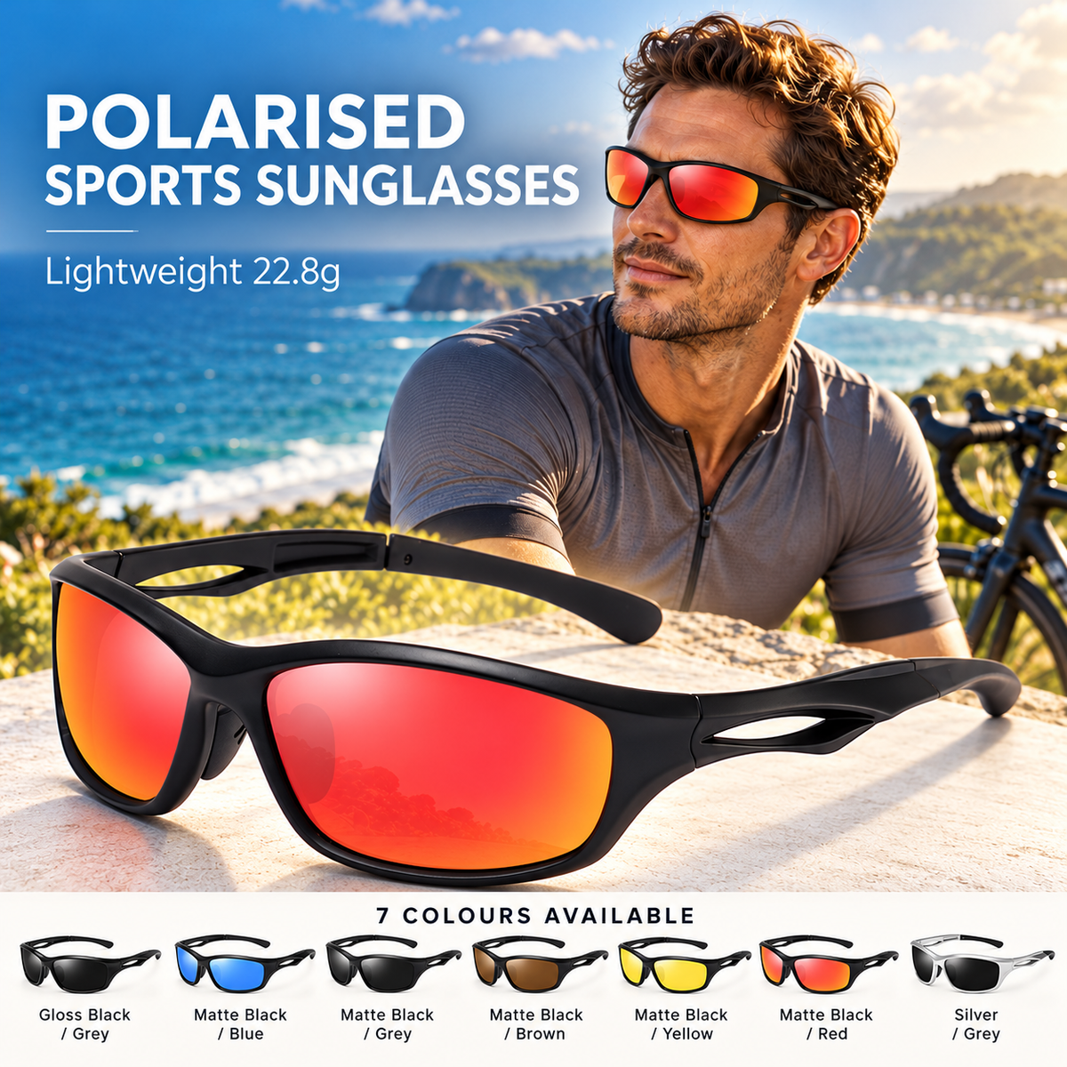Men's Polarised Sports Sunglasses TR90 UV400 Wrap Around Cycling Running Driving