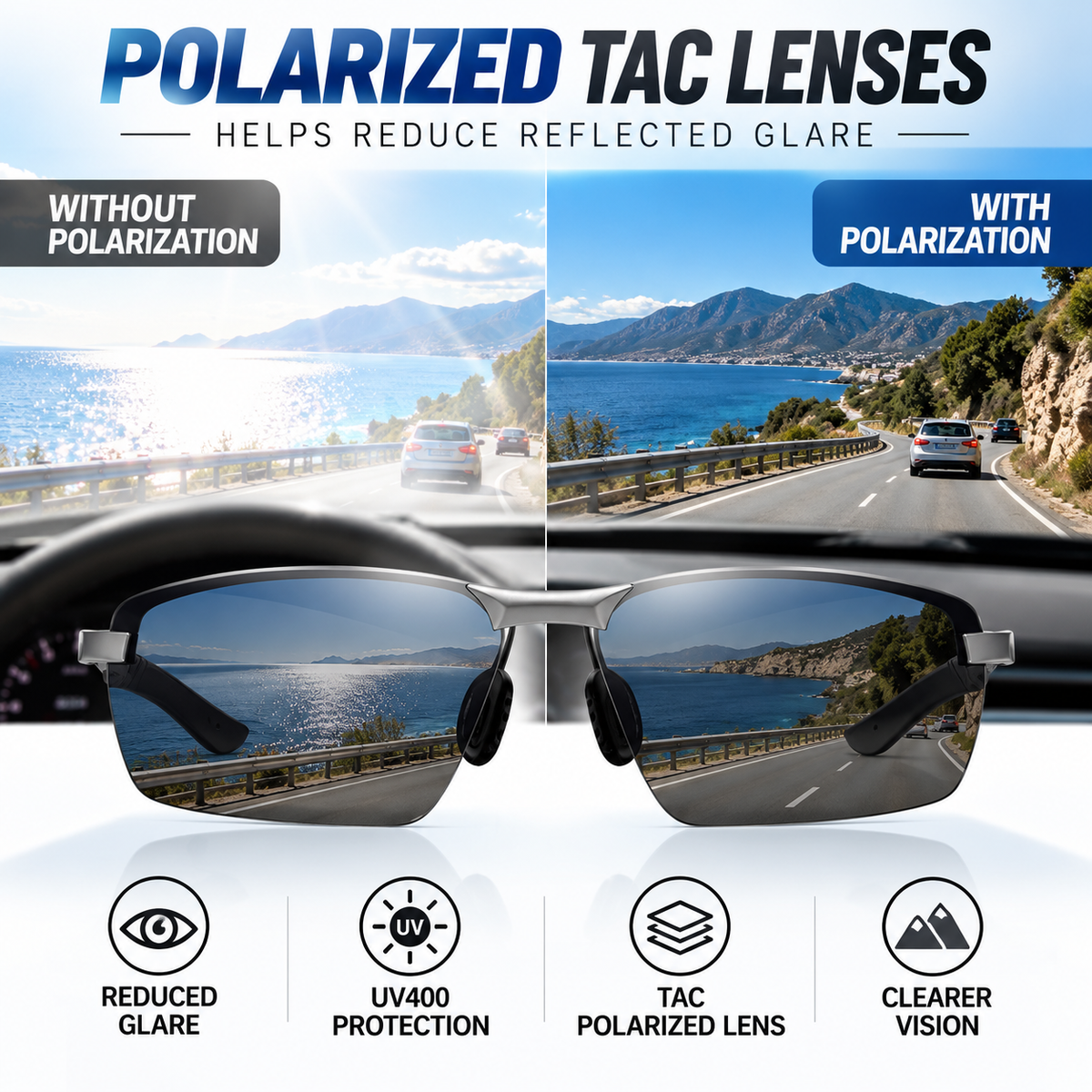 Mens Polarized Sunglasses Semi Rimless Metal Frame UV400 Driving Sports Glasses