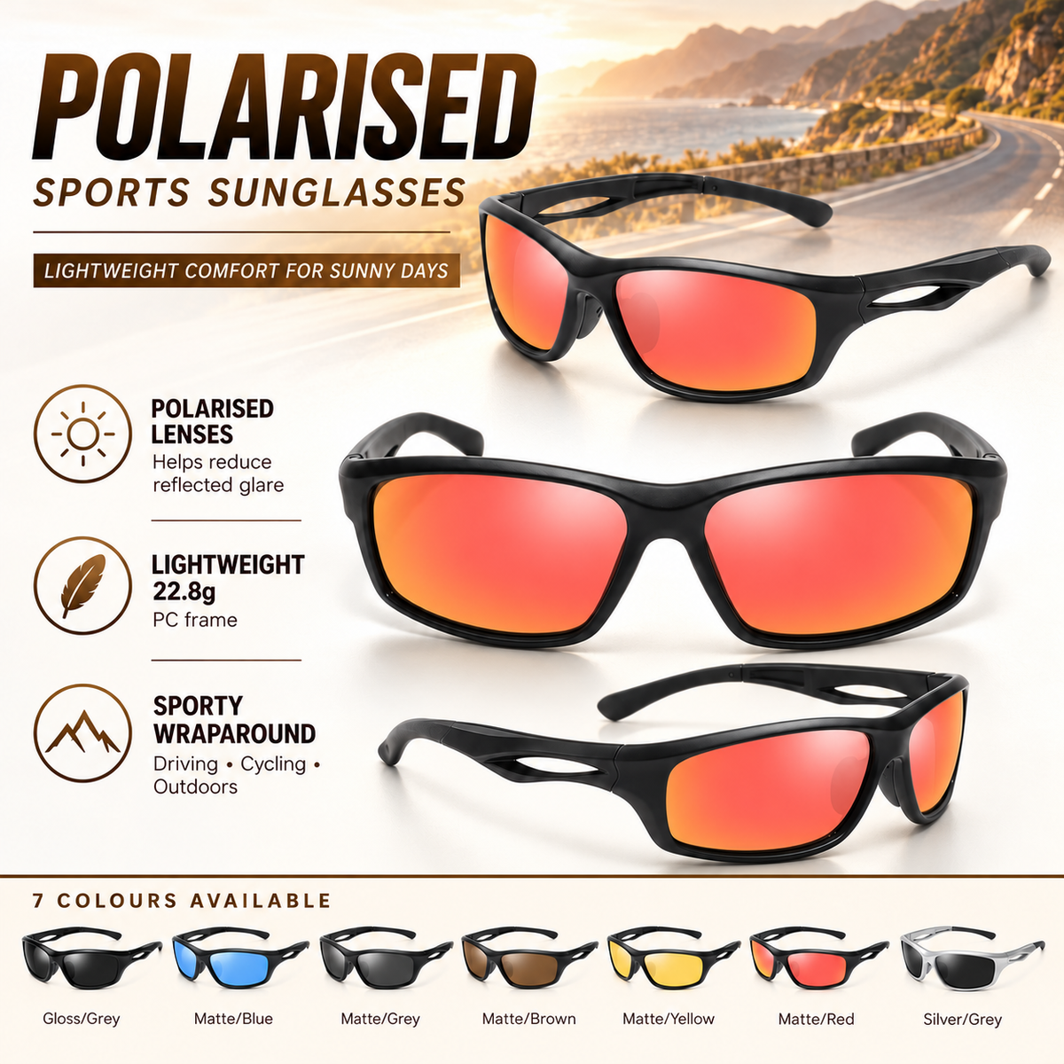 Men's Polarised Sports Sunglasses TR90 UV400 Wrap Around Cycling Running Driving