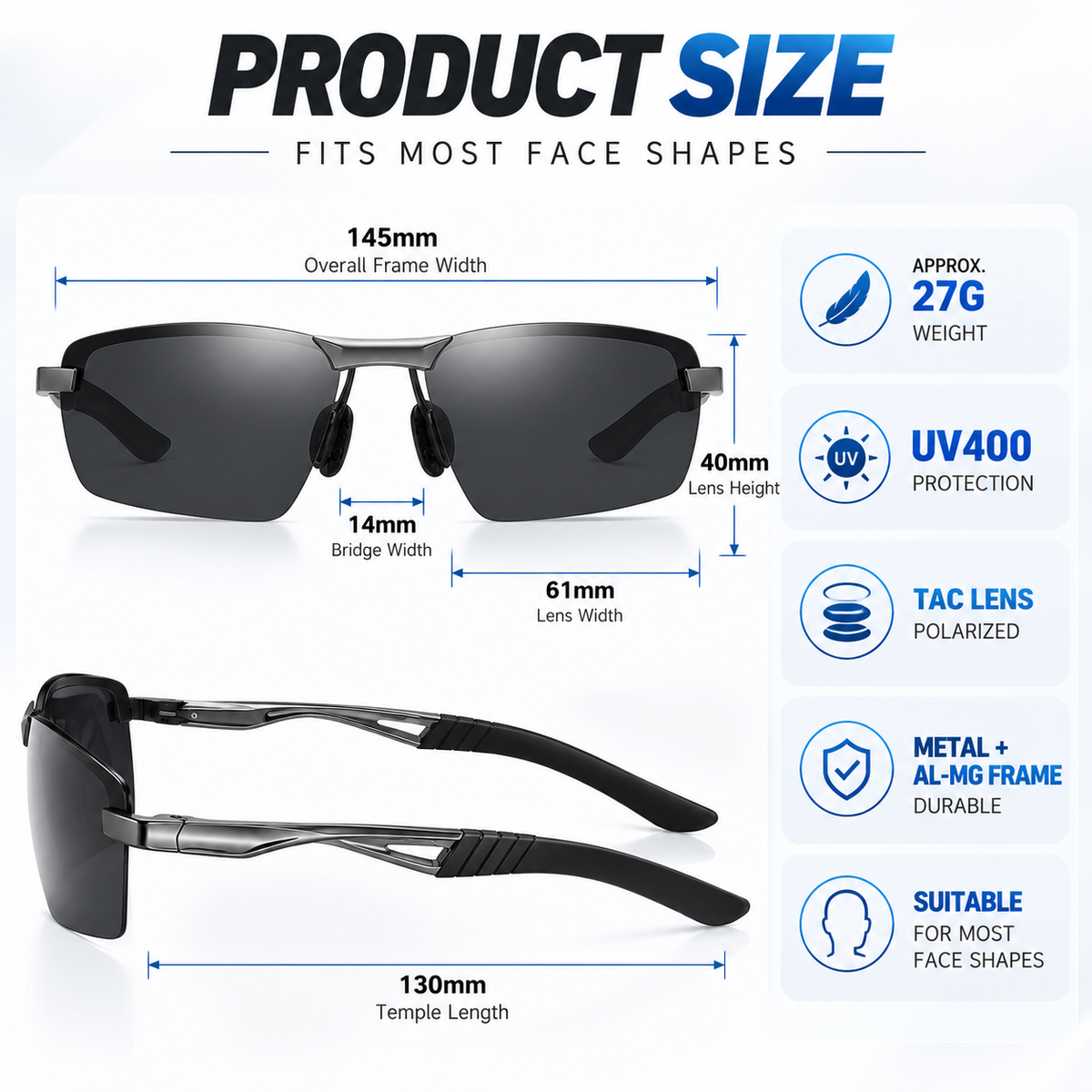 Mens Polarized Sunglasses Semi Rimless Metal Frame UV400 Driving Sports Glasses