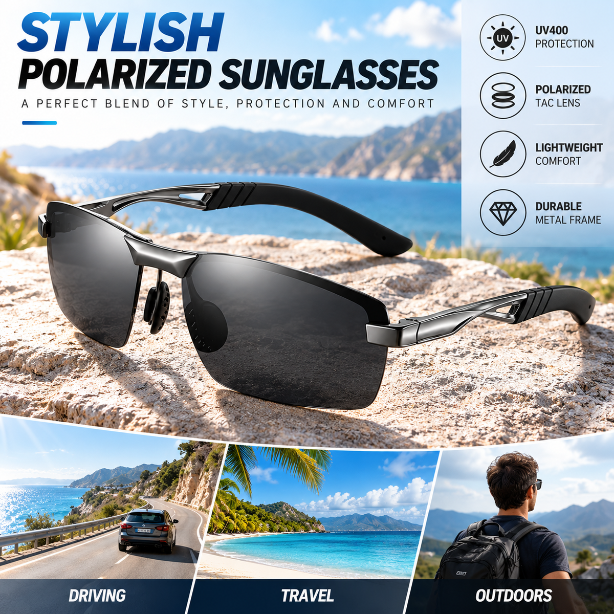 Mens Polarized Sunglasses Semi Rimless Metal Frame UV400 Driving Sports Glasses