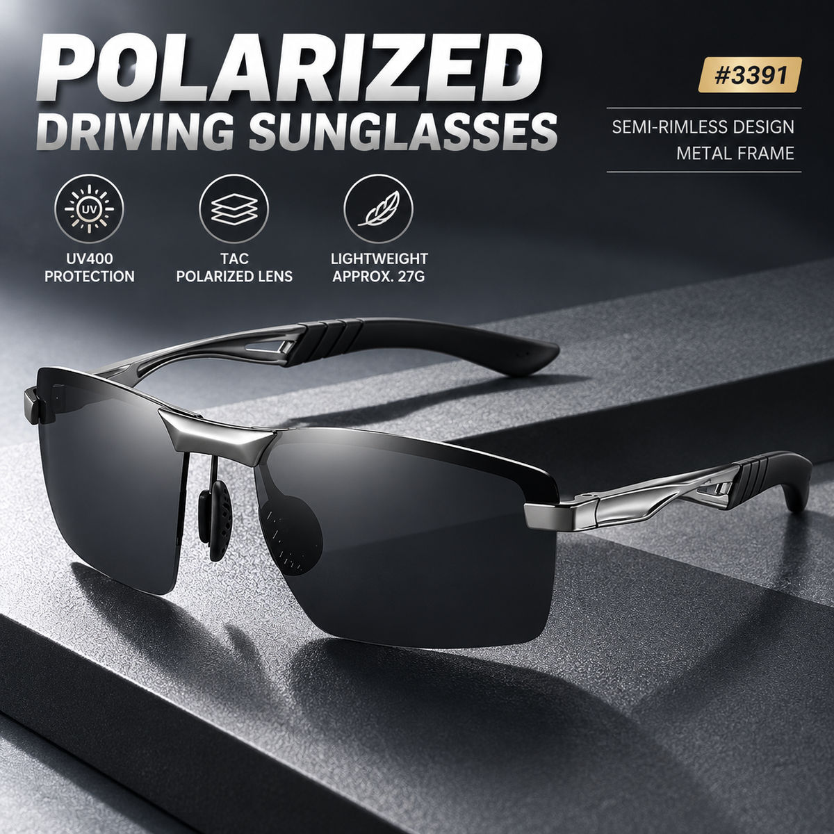 Mens Polarized Sunglasses Semi Rimless Metal Frame UV400 Driving Sports Glasses