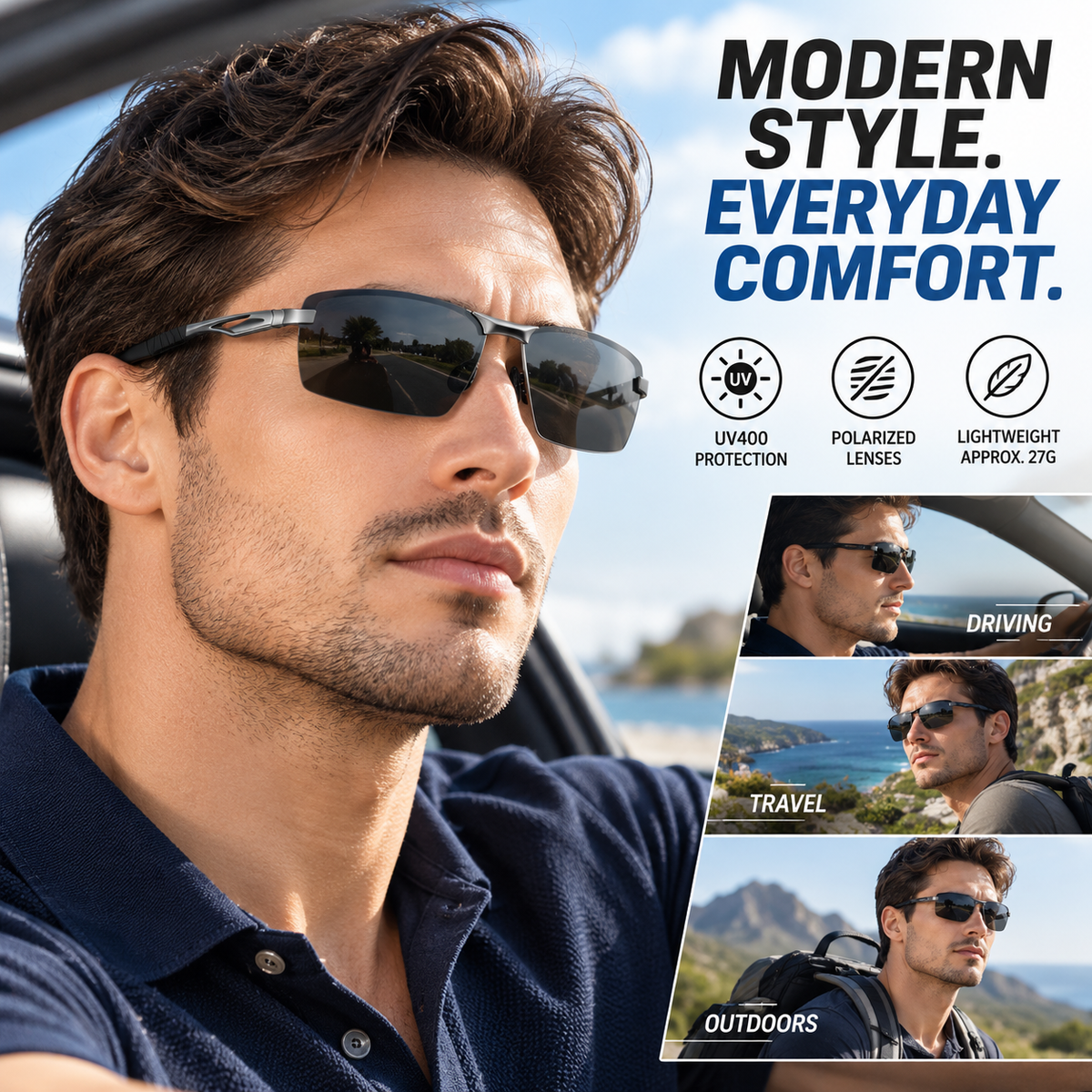 Mens Polarized Sunglasses Semi Rimless Metal Frame UV400 Driving Sports Glasses