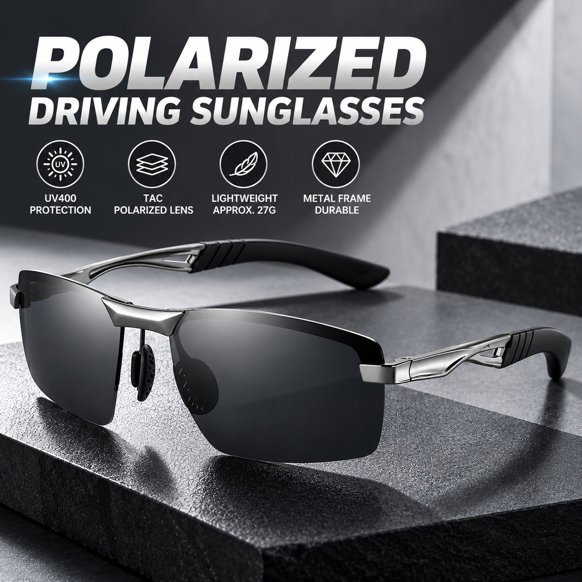 Mens Polarized Sunglasses Semi Rimless Metal Frame UV400 Driving Sports Glasses