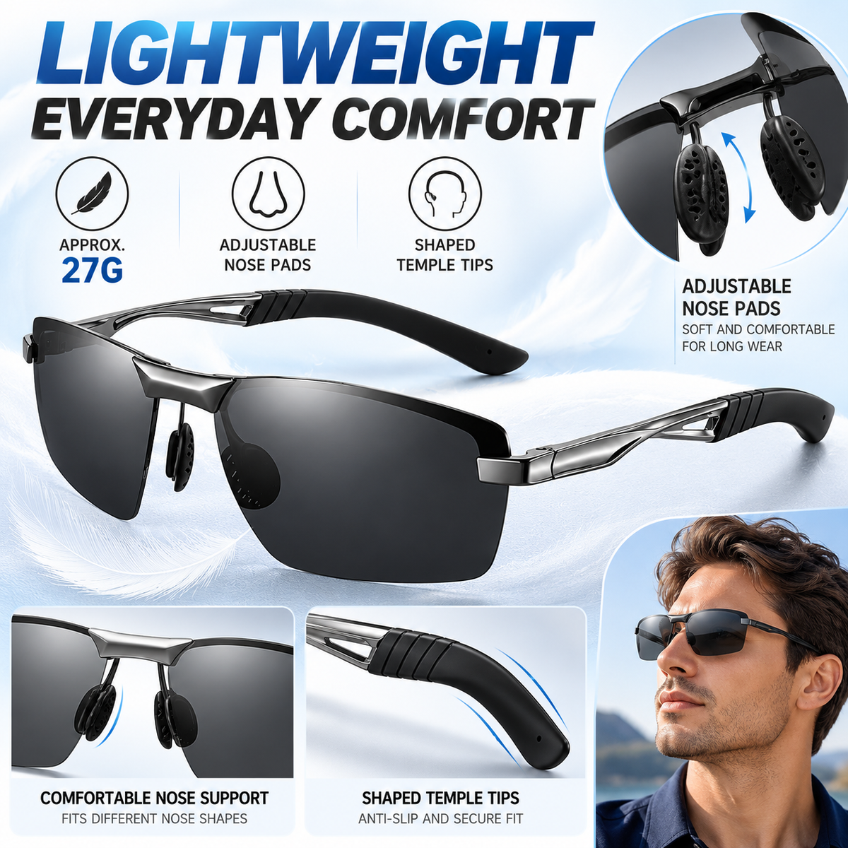 Mens Polarized Sunglasses Semi Rimless Metal Frame UV400 Driving Sports Glasses