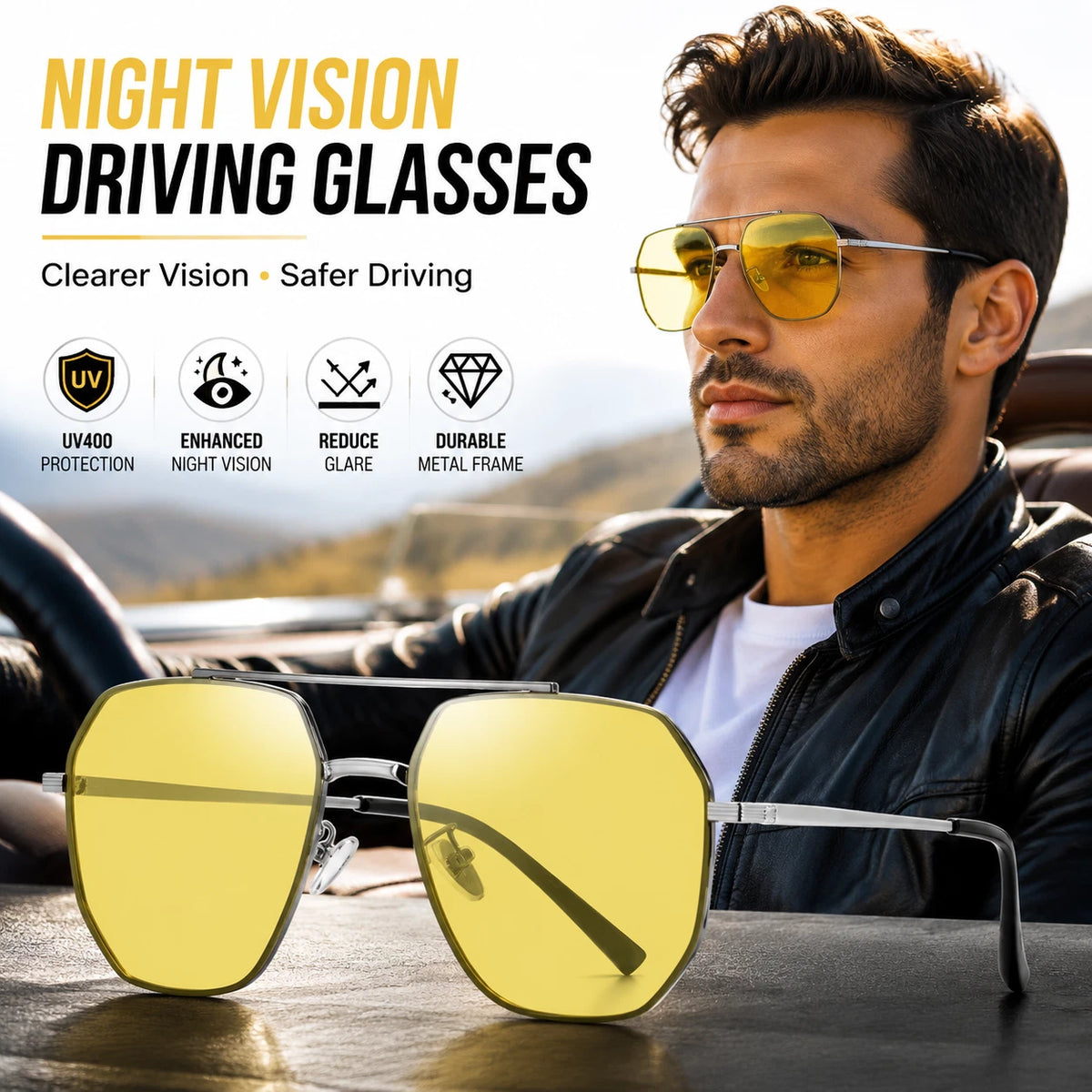 Men's Night Vision Anti-Glare UV400 Sunglasses Photochromic Yellow Lens Driving #JS8536