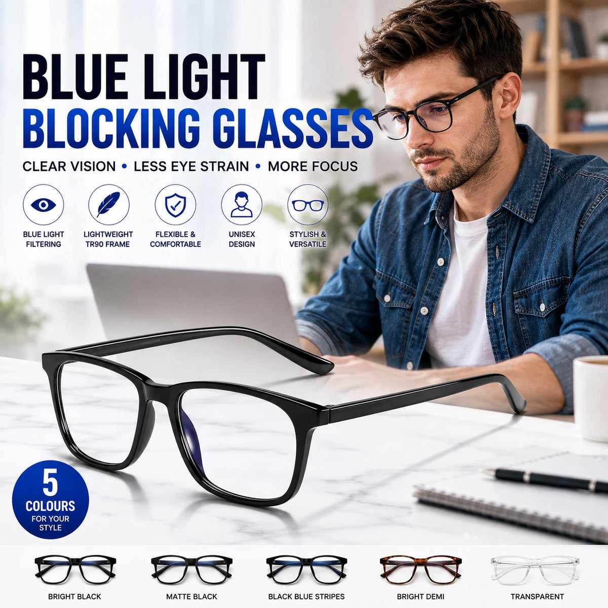 Share Blue Light Blocking Glasses Men Women TR90 Square Computer Clear Lens Eyewear #6919