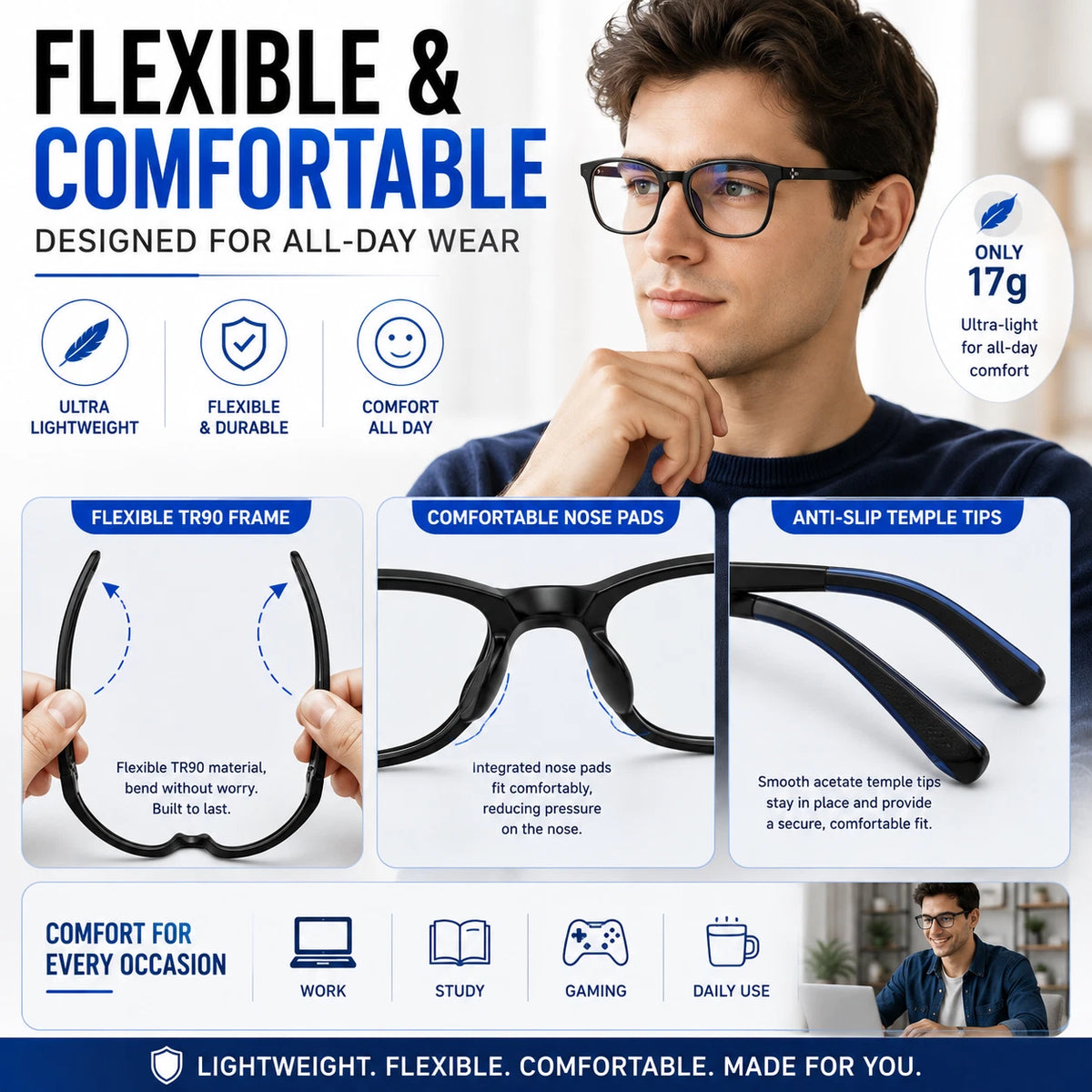 Share Blue Light Blocking Glasses Men Women TR90 Square Computer Clear Lens Eyewear #6919
