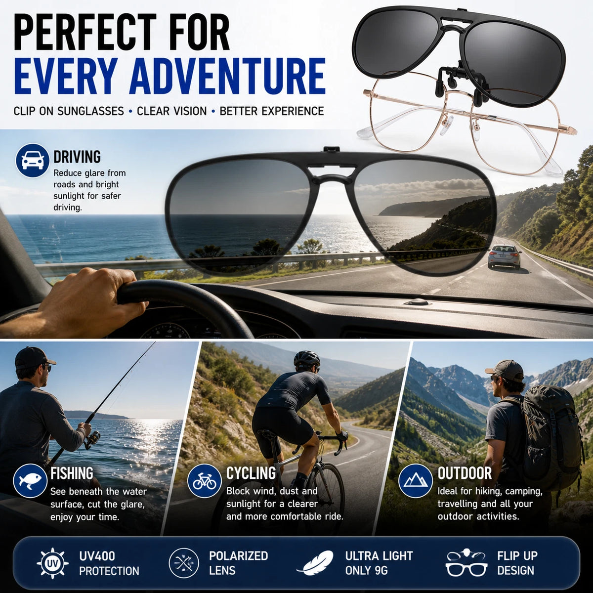 Polarized Clip On Flip Up Sunglasses UV400 Aviator Driving Fishing Eyewear Lense