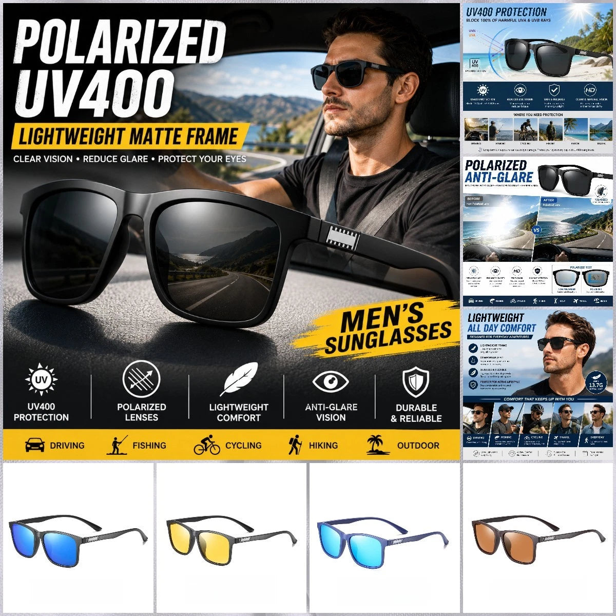 Men Polarized Sunglasses UV400 Lightweight Matte Sport Driving Fishing Glasses #3501