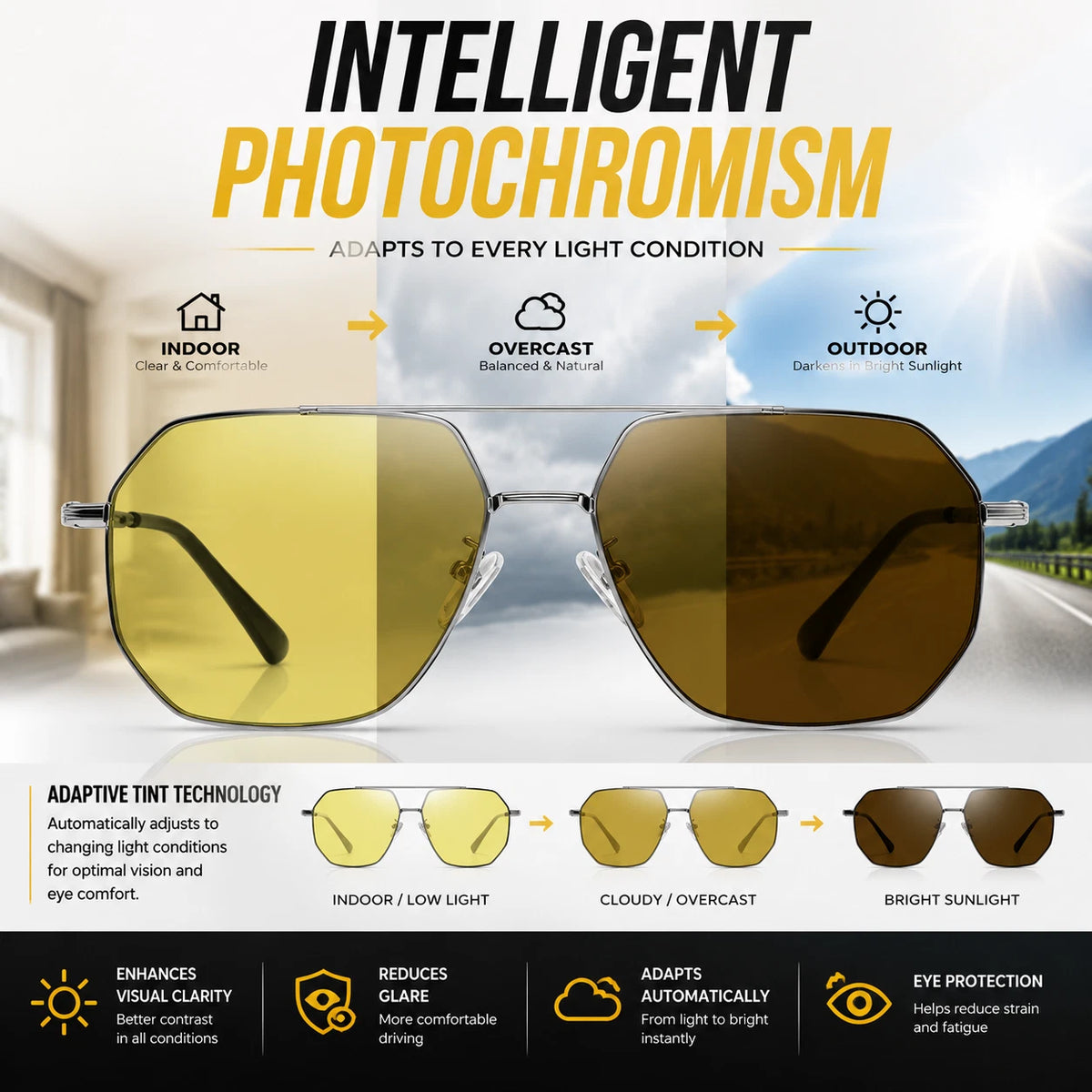 Men's Night Vision Anti-Glare UV400 Sunglasses Photochromic Yellow Lens Driving #JS8536
