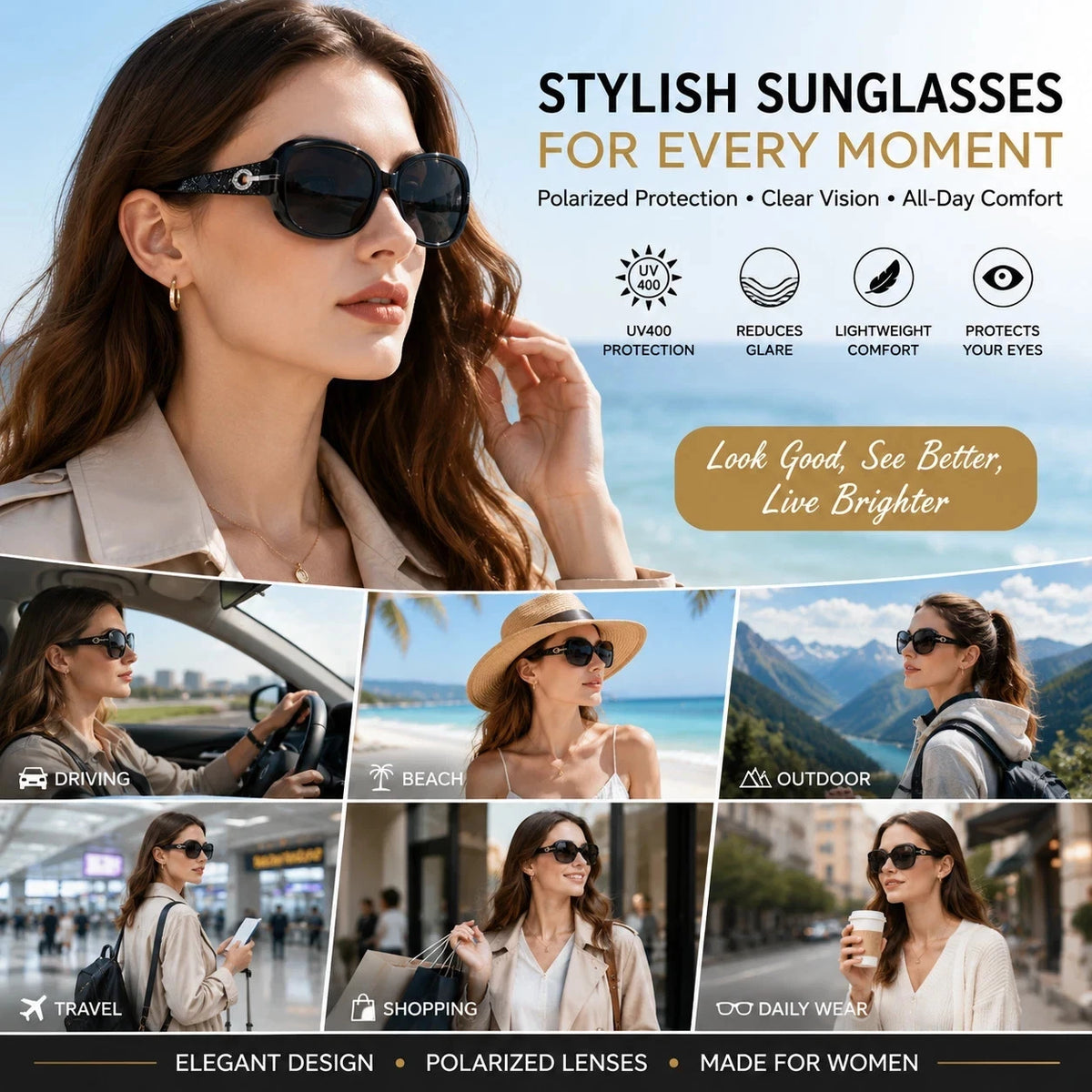 Women Oversized Polarized Sunglasses UV400 Fashion Driving Beach Travel Eyewear