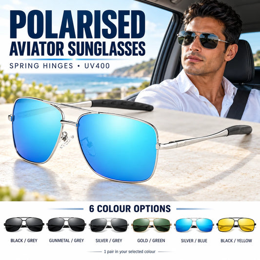 Men Polarised Aviator Sunglasses Spring Hinge UV400 Driving Fishing Metal Frame