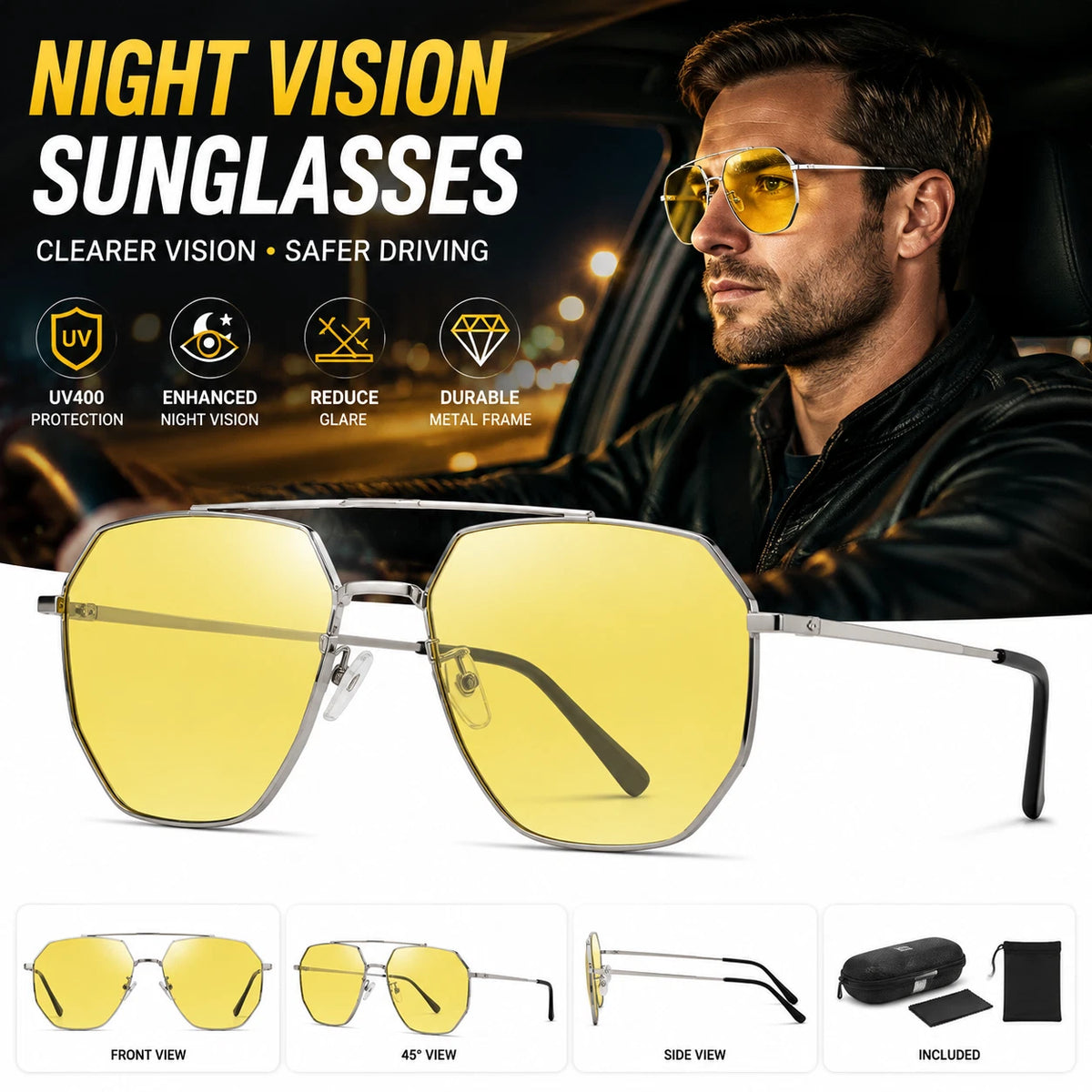 Men's Night Vision Anti-Glare UV400 Sunglasses Photochromic Yellow Lens Driving #JS8536
