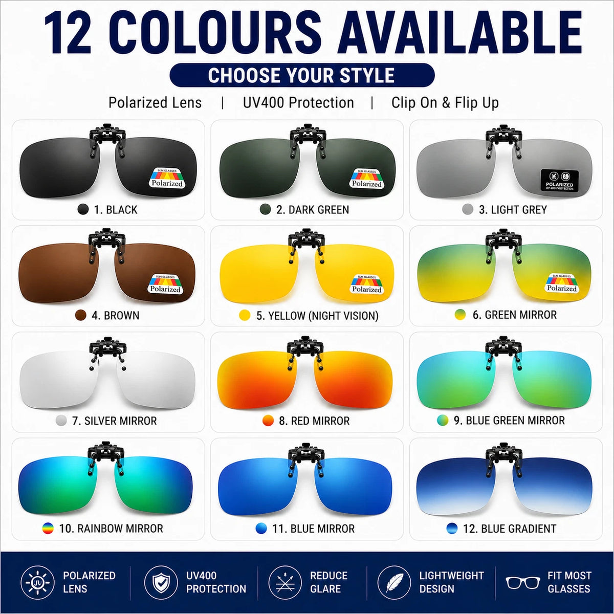 Polarized Clip-On Flip Up Sunglasses UV400 Driving Fishing Glasses 12 Colours AU