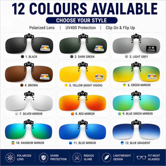 Polarized Clip-On Flip Up Sunglasses UV400 Driving Fishing Glasses 12 Colours AU