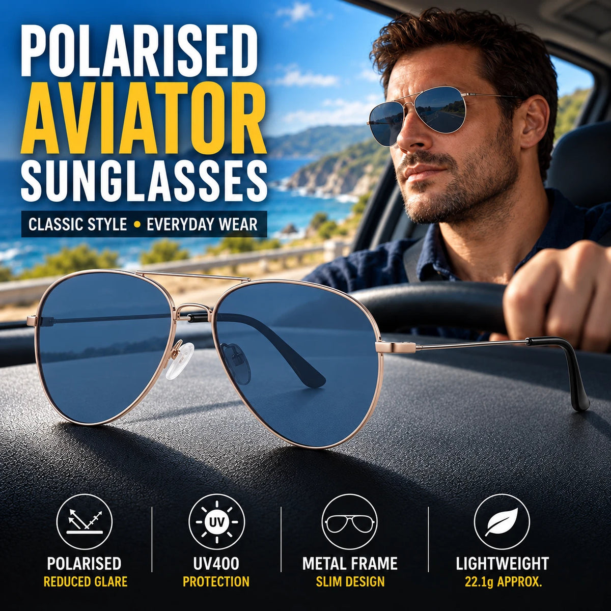 Mens Polarised Aviator Sunglasses UV400 Lightweight Metal Frame Pilot Outdoor