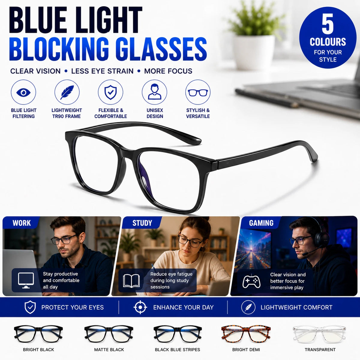 Share Blue Light Blocking Glasses Men Women TR90 Square Computer Clear Lens Eyewear #6919