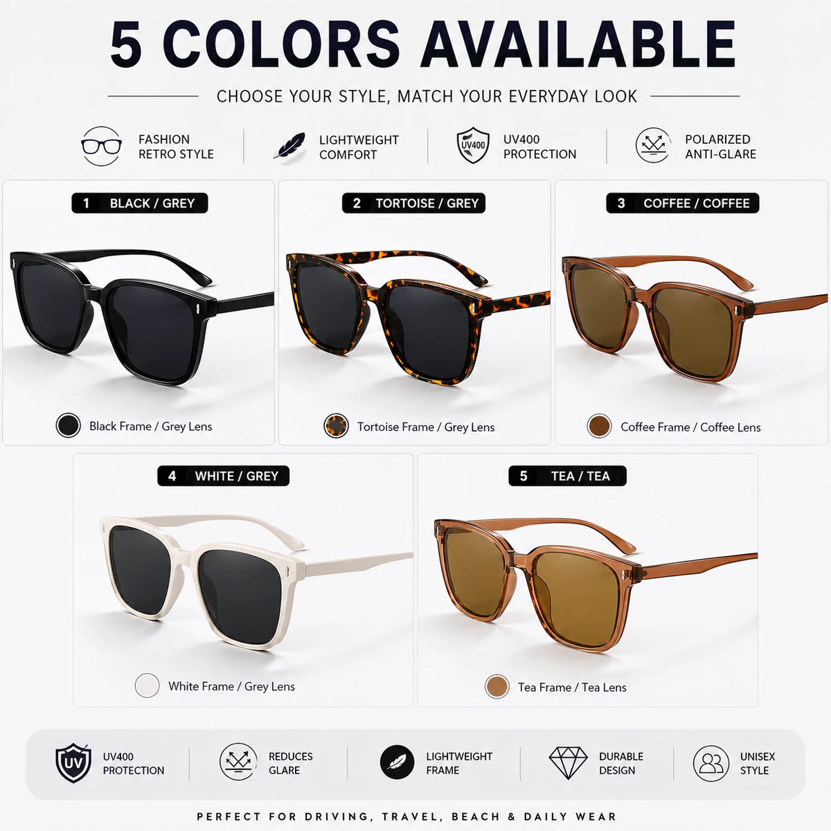 Women Stylish Outdoor Polarized Square Sunglasses UV400 Lightweight & Anti-Glare