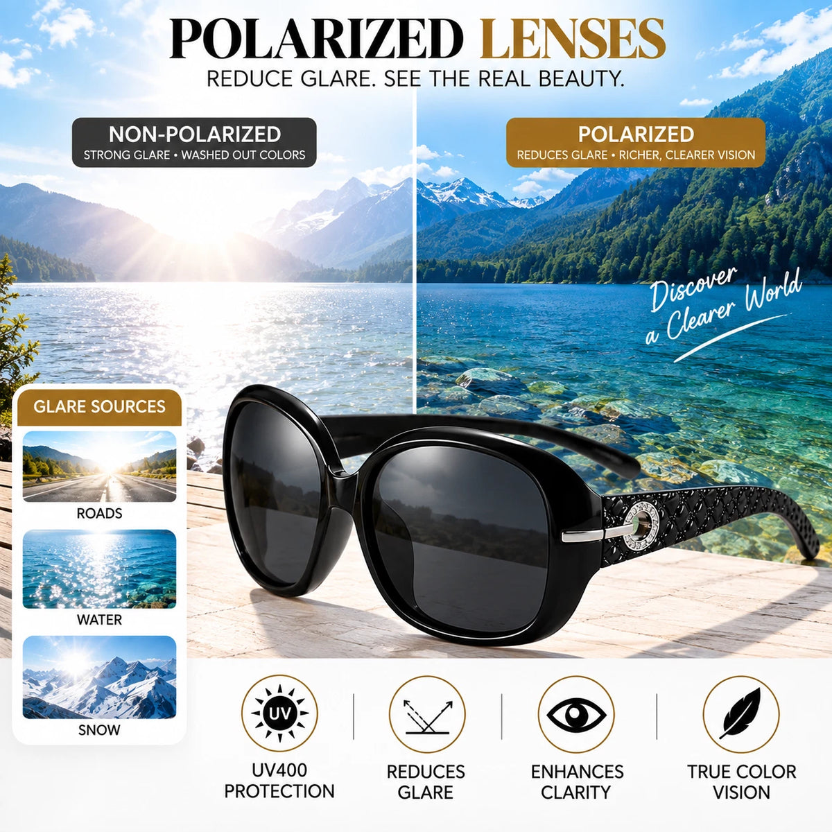 Women Oversized Polarized Sunglasses UV400 Fashion Driving Beach Travel Eyewear
