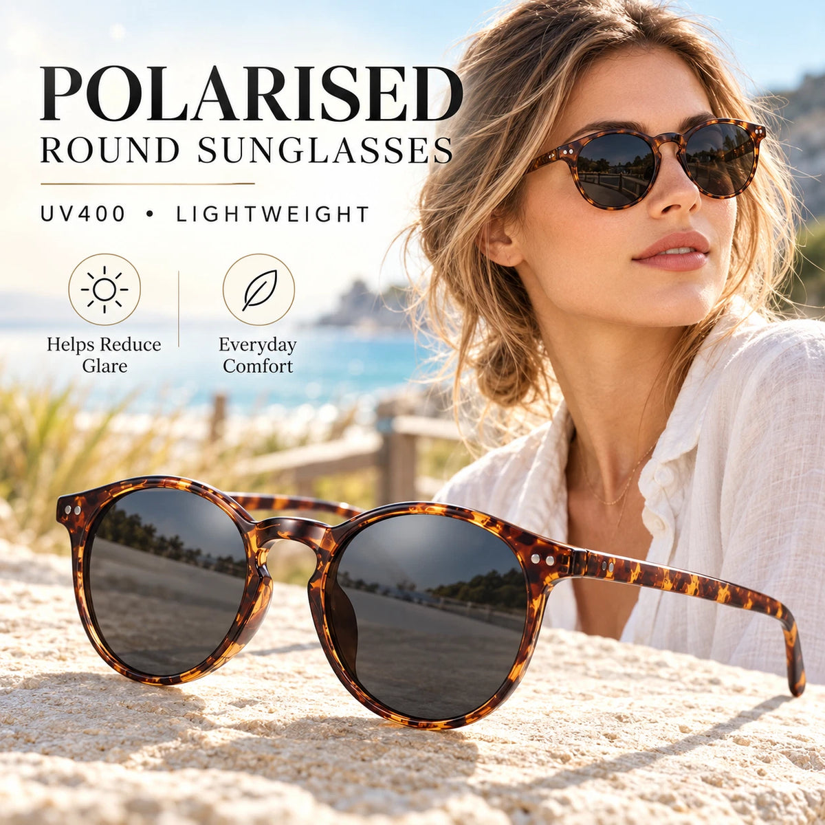 Womens Polarised Sunglasses Round UV400 Lightweight Retro Frame Beach Anti Glare