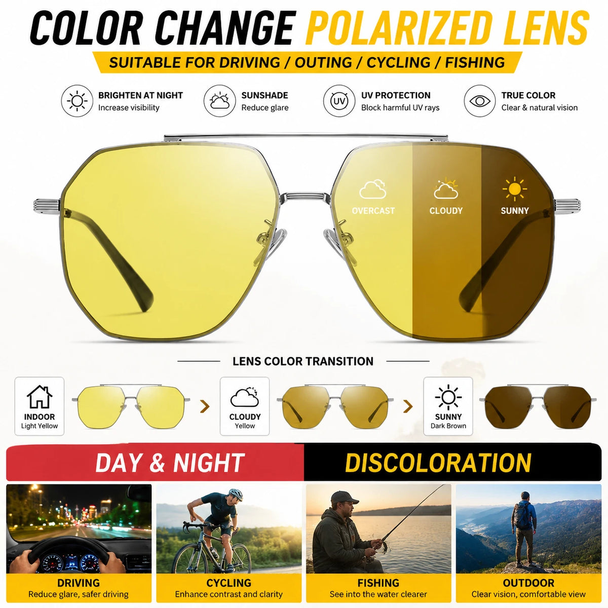 Men's Night Vision Anti-Glare UV400 Sunglasses Photochromic Yellow Lens Driving #JS8536