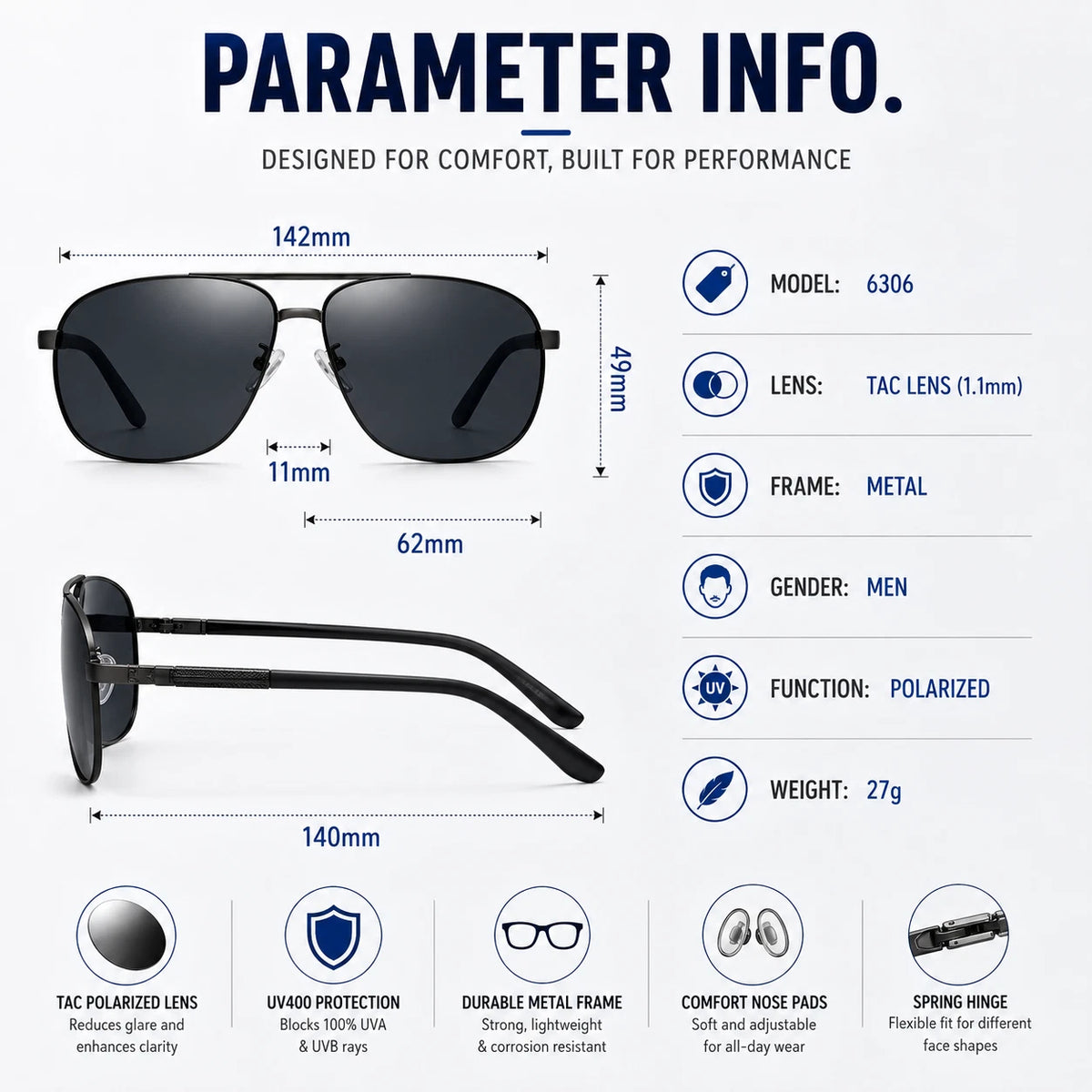 Men's Polarized Aviator Sunglasses Spring Hinge UV400 Anti-Glare Driving Outdoor #6306