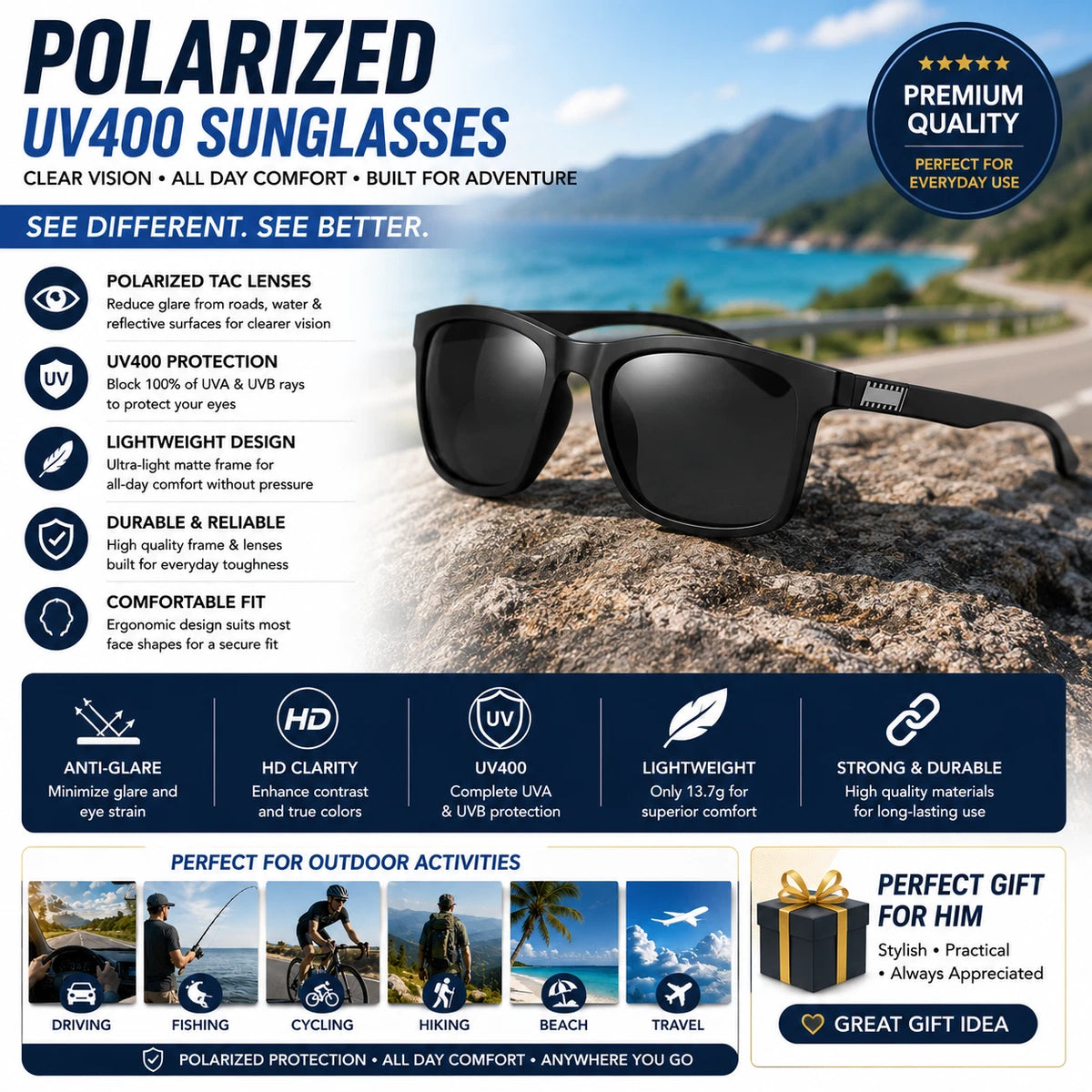 Men Polarized Sunglasses UV400 Lightweight Matte Sport Driving Fishing Glasses #3501