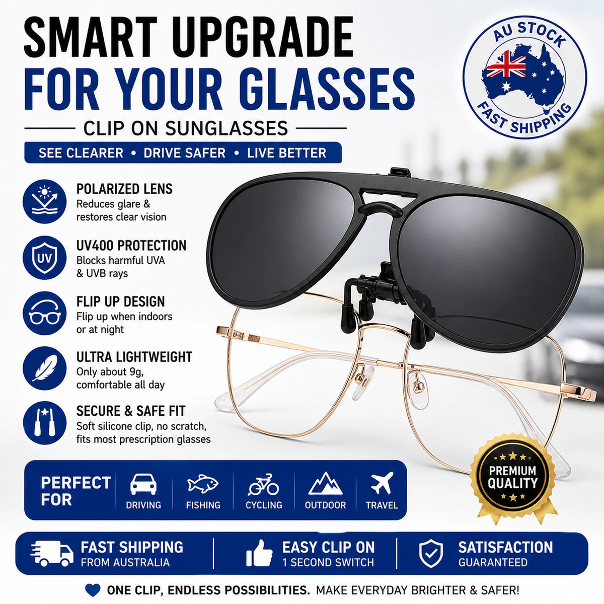 Polarized Clip On Flip Up Sunglasses UV400 Aviator Driving Fishing Eyewear Lense