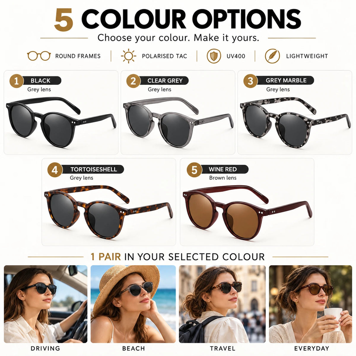 Womens Polarised Sunglasses Round UV400 Lightweight Retro Frame Beach Anti Glare