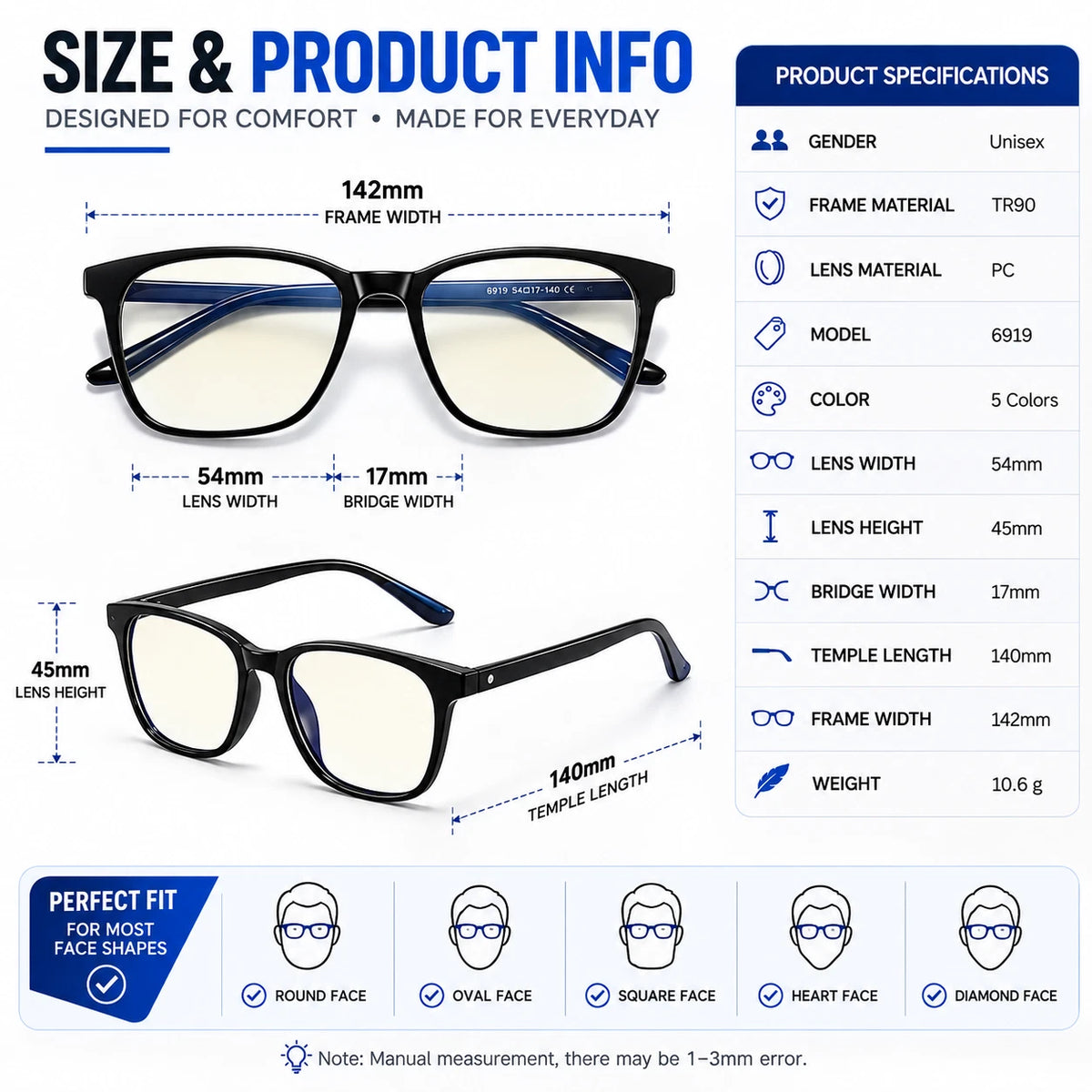 Share Blue Light Blocking Glasses Men Women TR90 Square Computer Clear Lens Eyewear #6919