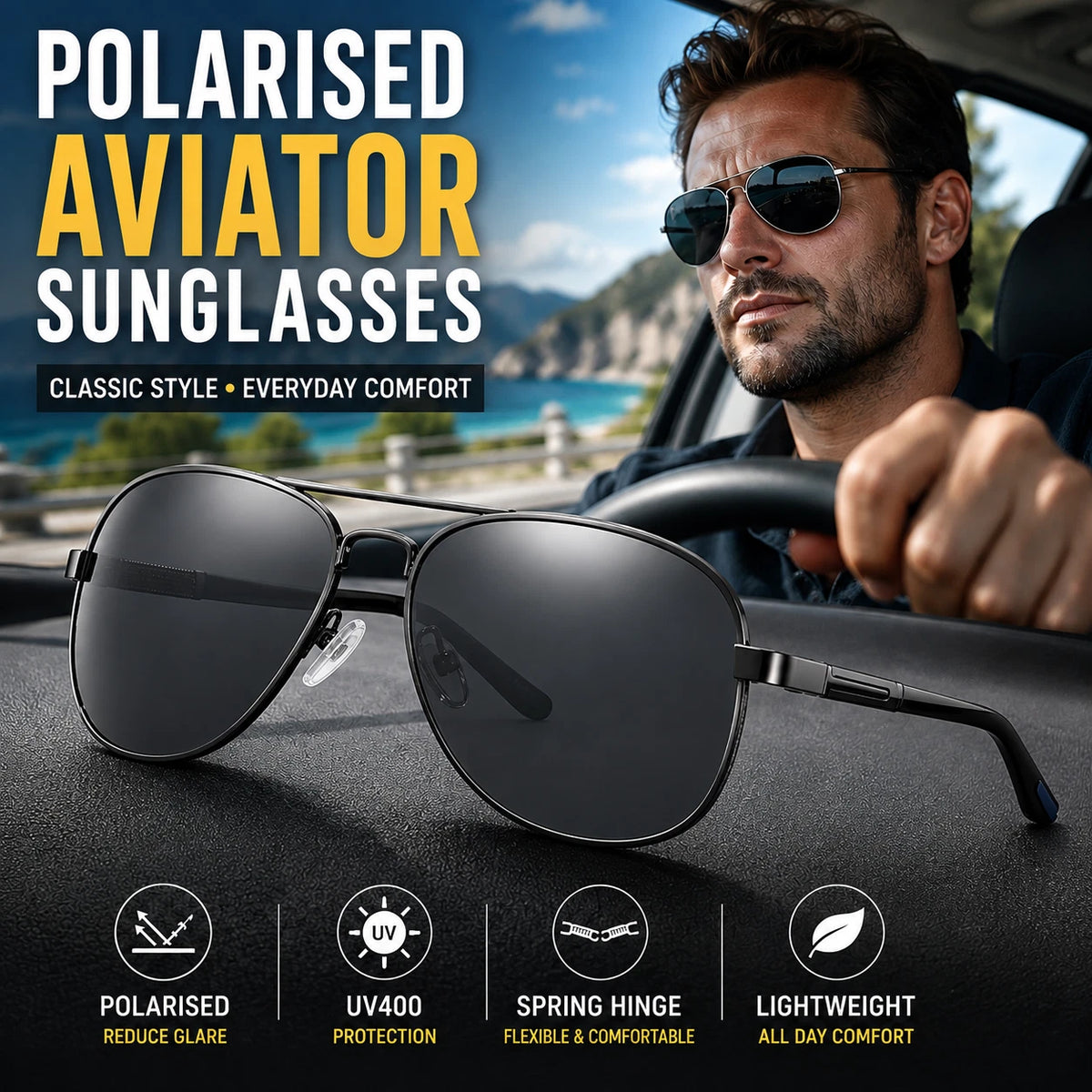 Men's Polarized Aviator Sunglasses Spring Hinge UV400 Anti-Glare Driving Outdoor #6306