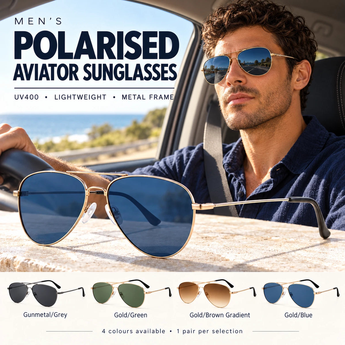 Mens Polarised Aviator Sunglasses UV400 Lightweight Metal Frame Pilot Outdoor