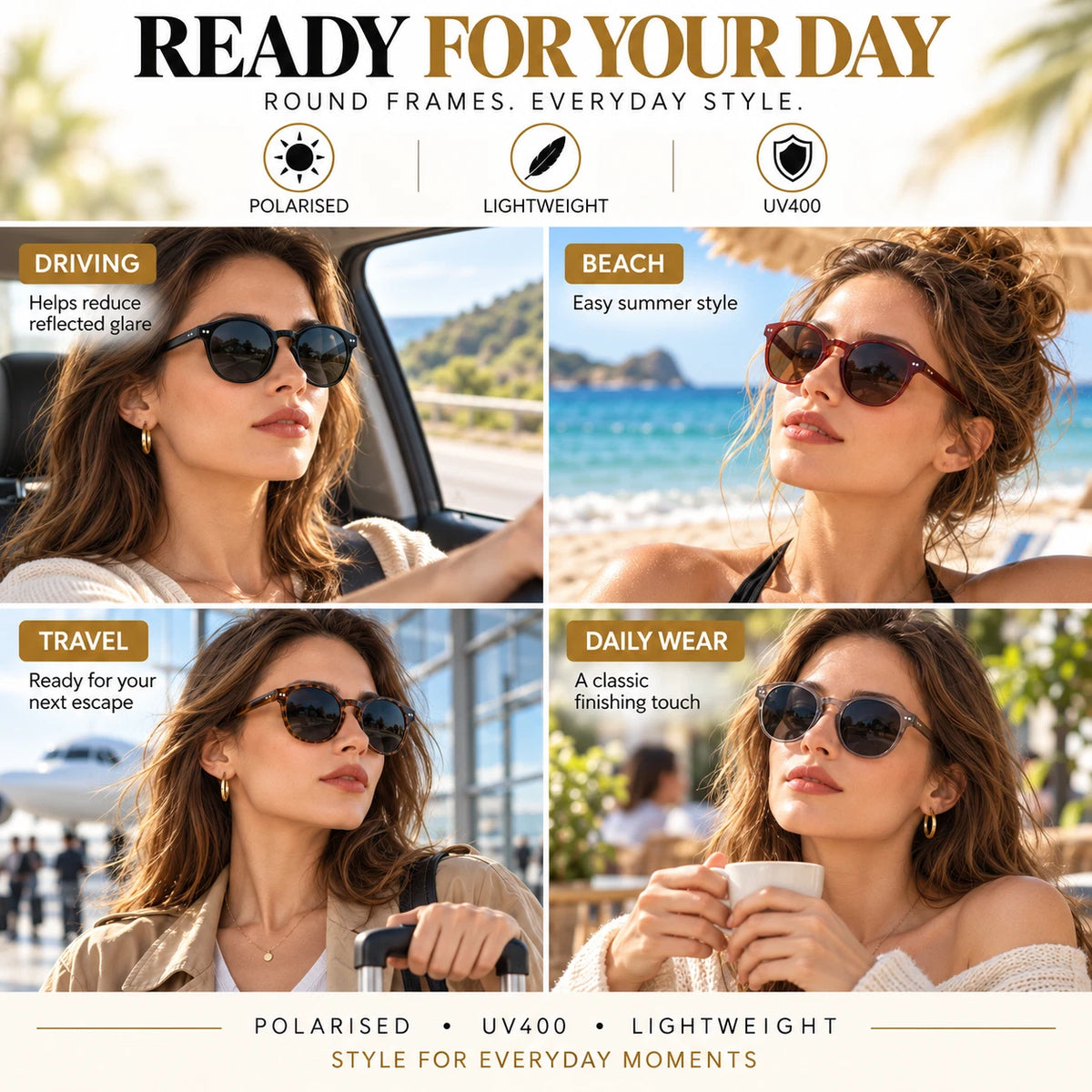 Womens Polarised Sunglasses Round UV400 Lightweight Retro Frame Beach Anti Glare
