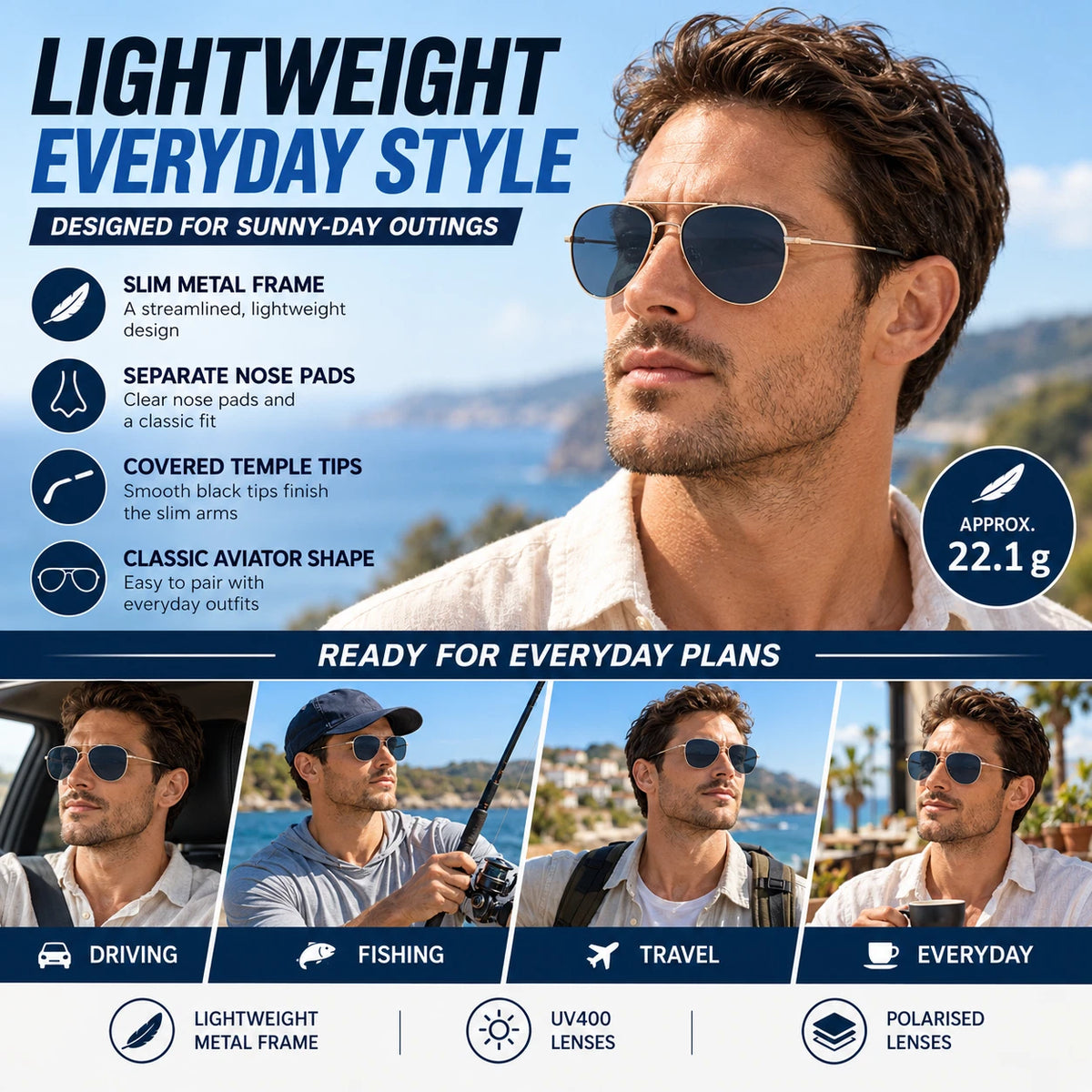 Mens Polarised Aviator Sunglasses UV400 Lightweight Metal Frame Pilot Outdoor