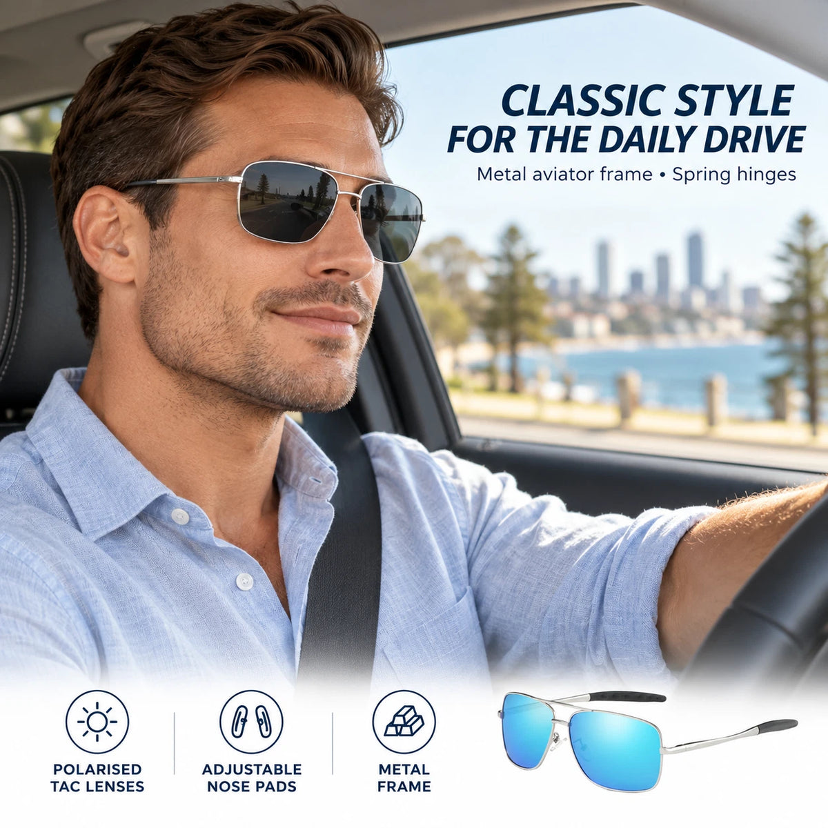 Men Polarised Aviator Sunglasses Spring Hinge UV400 Driving Fishing Metal Frame