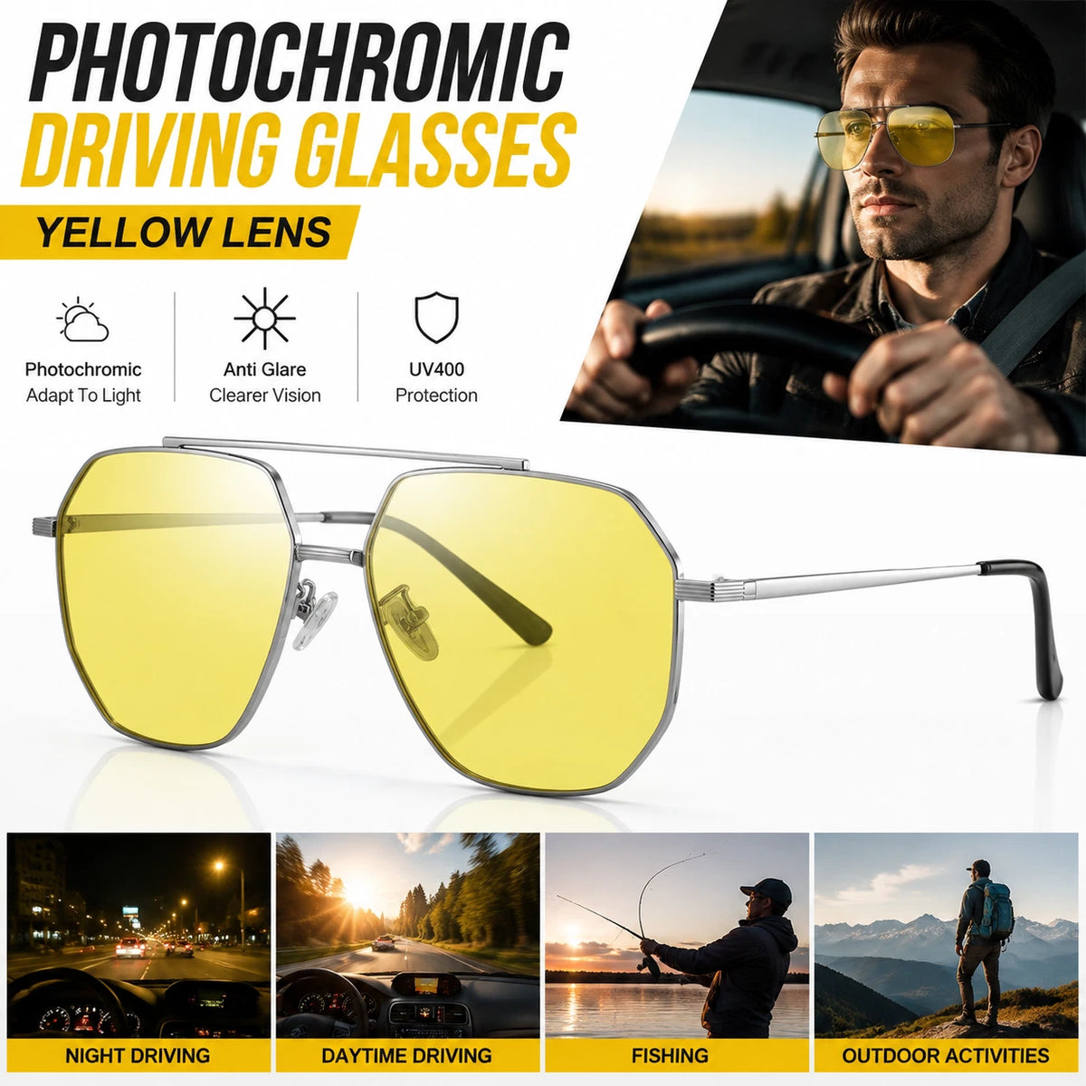 Men's Night Vision Anti-Glare UV400 Sunglasses Photochromic Yellow Lens Driving #JS8536