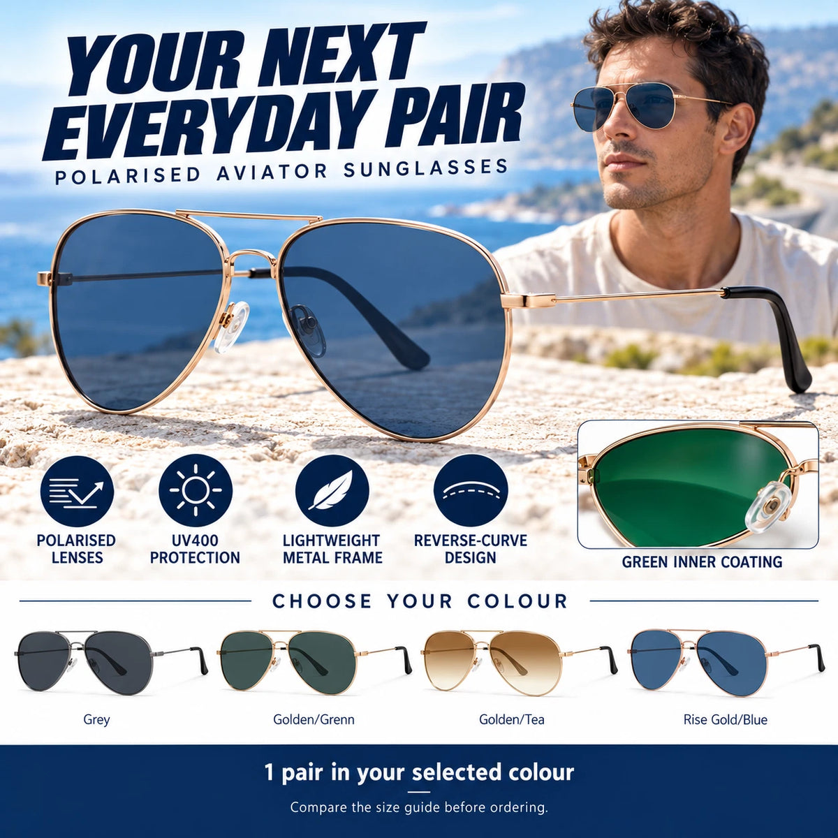 Mens Polarised Aviator Sunglasses UV400 Lightweight Metal Frame Pilot Outdoor
