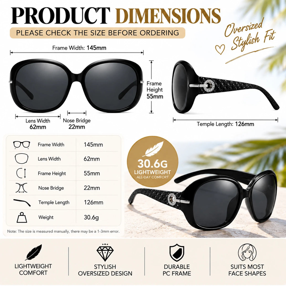 Women Oversized Polarized Sunglasses UV400 Fashion Driving Beach Travel Eyewear