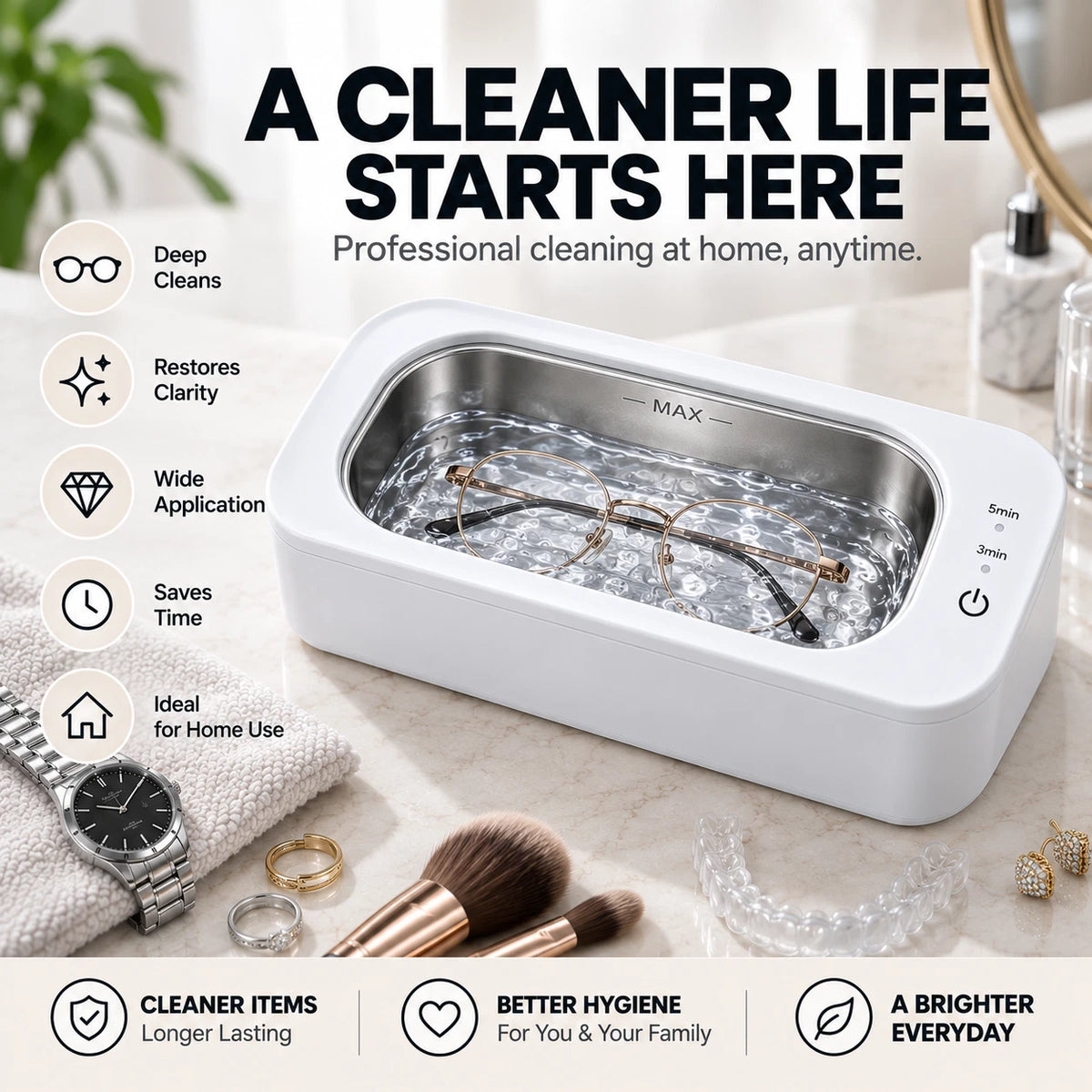 47KHz Ultrasonic Cleaner 350ml Jewellery Glasses Watch Stainless Steel Tank