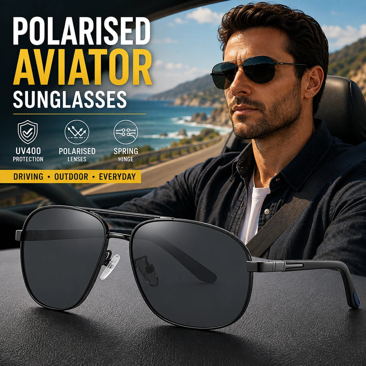 Men's Polarized Aviator Sunglasses Spring Hinge UV400 Anti-Glare Driving Outdoor #6306