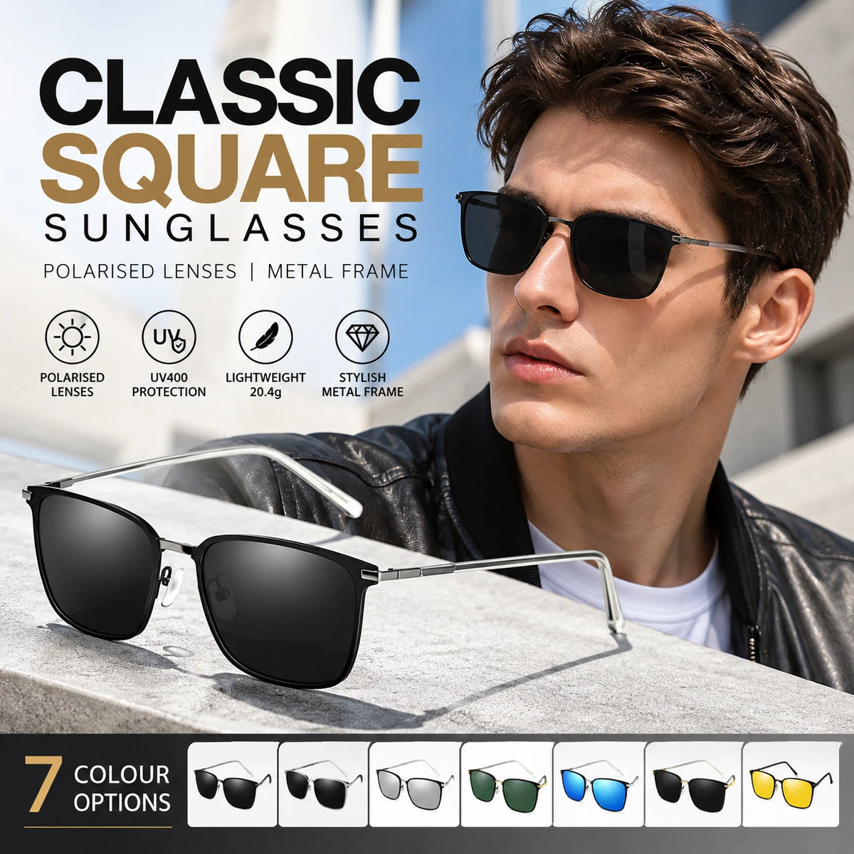 Mens Womens Polarised Sunglasses UV400 Square Metal Frame Driving Shades Unisex #0864