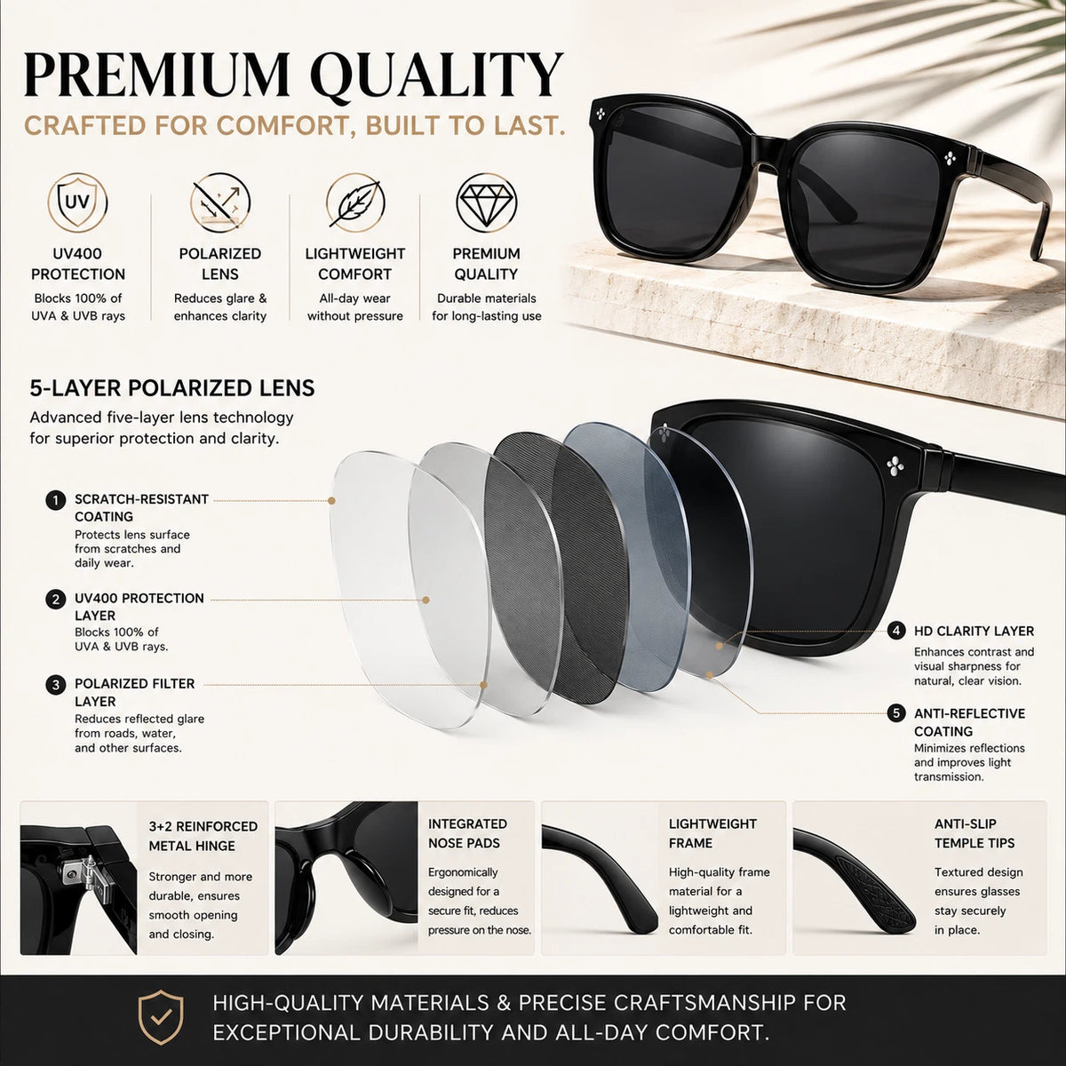 Women Stylish Outdoor Polarized Square Sunglasses UV400 Lightweight & Anti-Glare