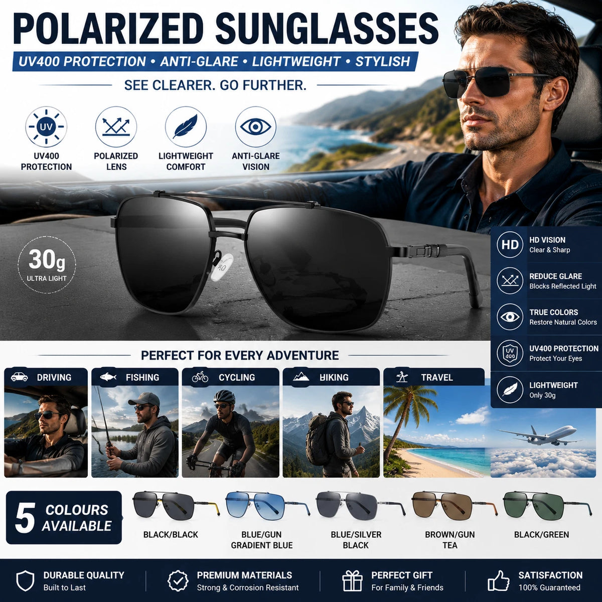 Men Polarized Sunglasses UV400 Anti-Glare Square Driving Fishing Outdoor Eyewear